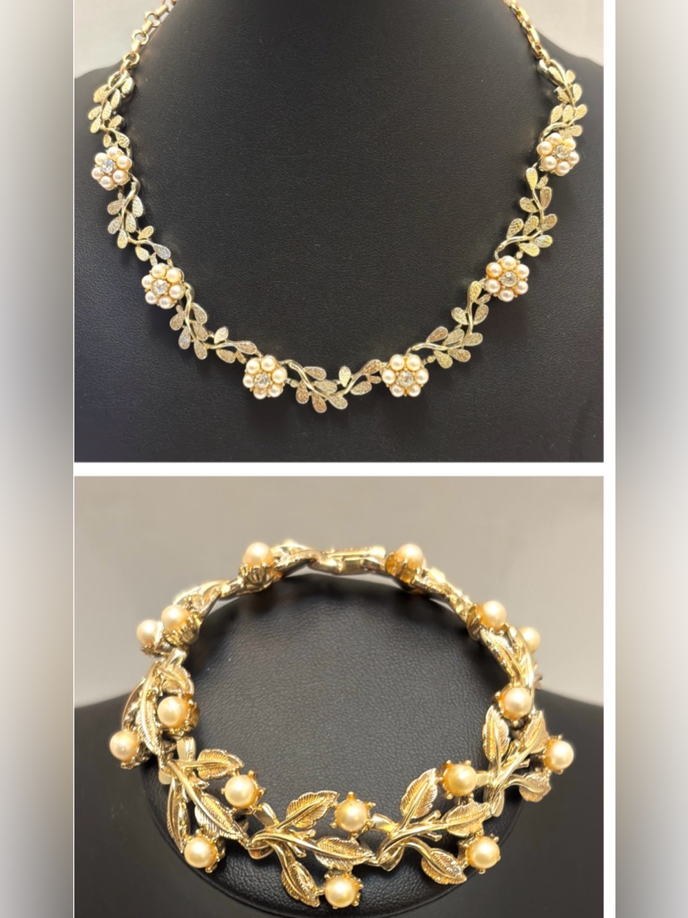 Vintage Coro Demi Parure Necklace Bracelet Faux Pearl Floral Gold Tone Wedding